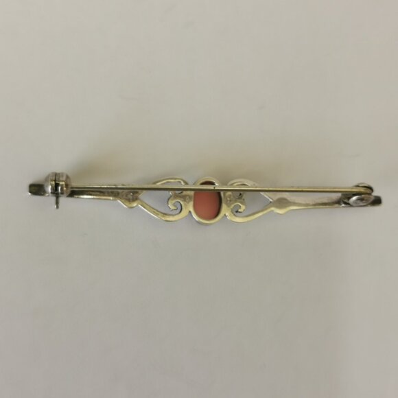 English Silver Vintage Double Heart Design Coral Stone Bar Brooch - Picture 7 of 10